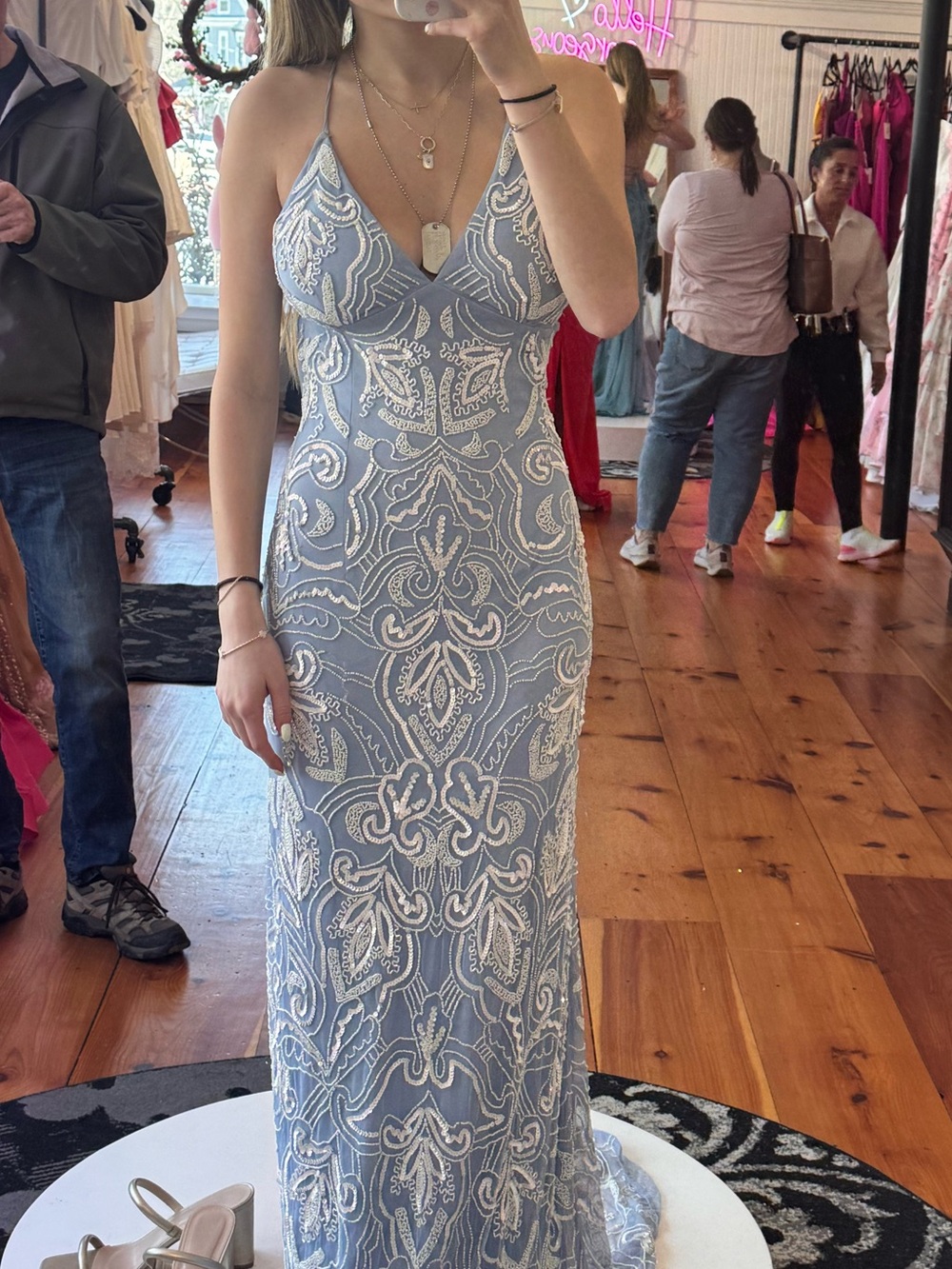Light Blue White Embroidered Prom Dress